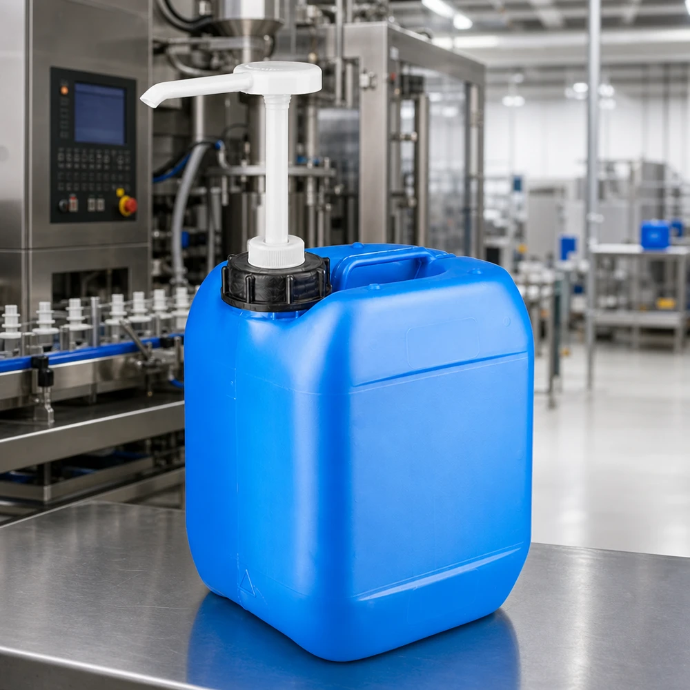 Kanister 5 Liter blau mit Dosierpumpe Kompakter Viereckkanister 5L in Blau mit aufsteckbarer Dosierpumpe zur Chemikalienausgabe