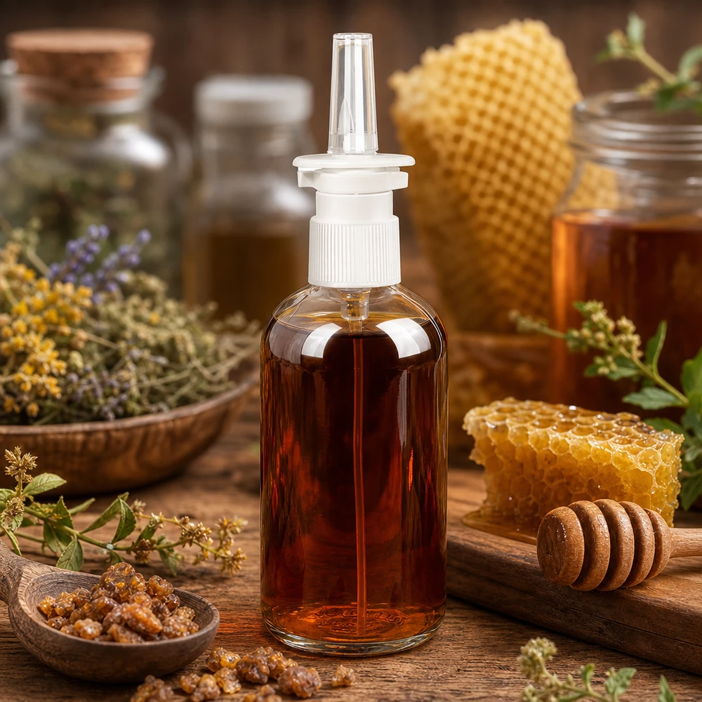100ml Nasensprayflasche weiß/transparent Standardverschluss ClearLine UT18/100 100ml ClearLine Sprühflasche UT18 mit Kräuterextrakt neben Bienenwachs und getrockneten Pflanzen