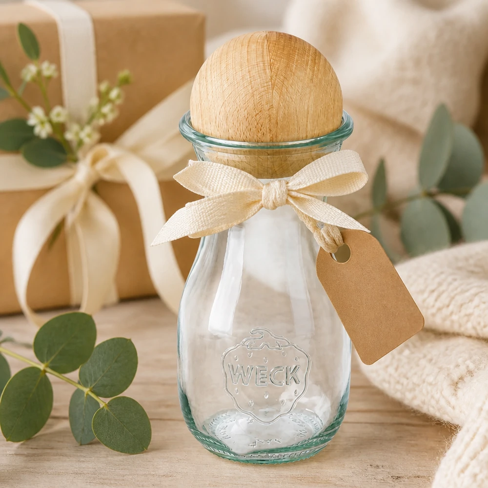 290ml Saftflasche WECK RR60 mit Holzkugel Buche WECK Saftflasche 290ml RR60 als Geschenk verpackt mit Schleife und Anhänger neben Eukalyptus-Dekoration