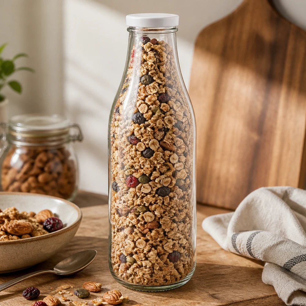1000ml Glasflasche + BasicSeal Deckel weiß UNiTWIST 1000ml Glasflasche mit BasicSeal Deckel weiß gefüllt mit Müsli Granola Nüssen Trockenfrüchten Vorratshaltung