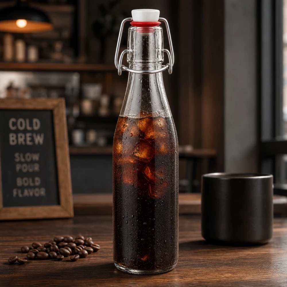 250ml Glasflasche und Bügelverschluss Porzellan UNiTWIST 250ml Glasflasche mit Bügelverschluss für Cold Brew Kaffee, edle Vintage-Optik mit Kaffeebohnen und schwarzer Tasse