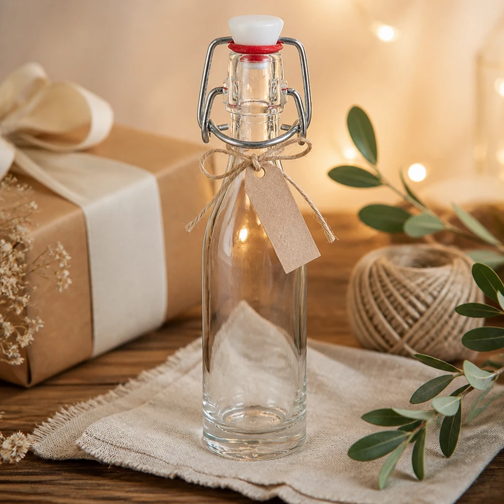 Dekorative 50ml Glasflasche mit Bügelverschluss und braunem Geschenkband in natürlicher Ambiente-Szene