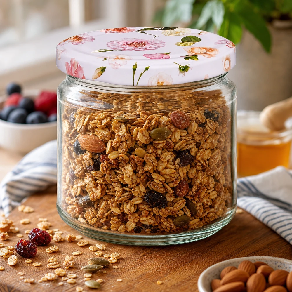330ml Rundglas + BasicSeal Deckel Blume rosa UNiTWIST 330ml Rundglas rosa Blumenmuster gefüllt mit Müsli Granola Nüssen Rosinen Frühstück Vorratsglas Küche