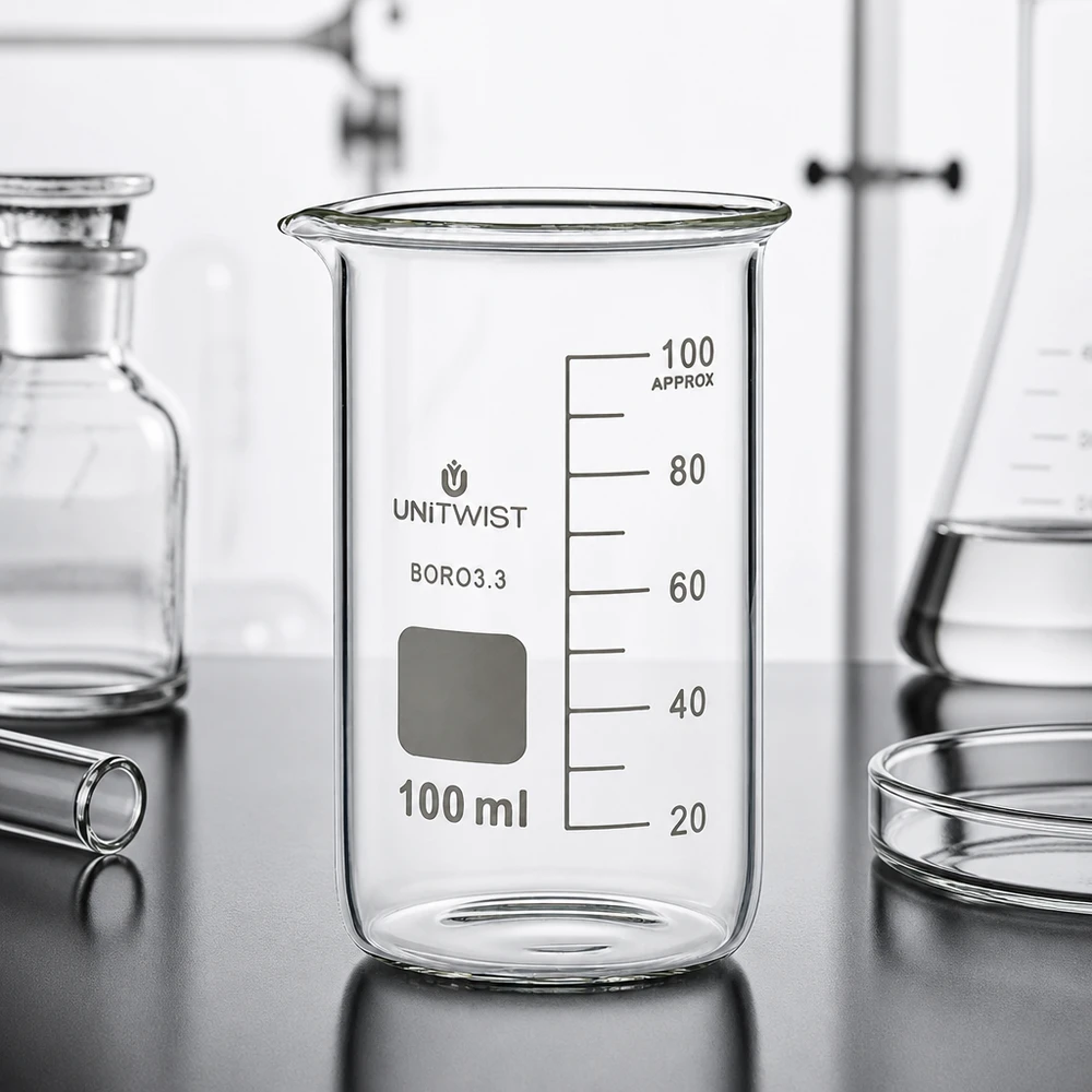 Becherglas 100ml Borosilikat, hohe Form UNiTWIST Produktfoto UNITWIST Becherglas 100ml hohe Form Borosilikat mit Messskala und Laborzubehör