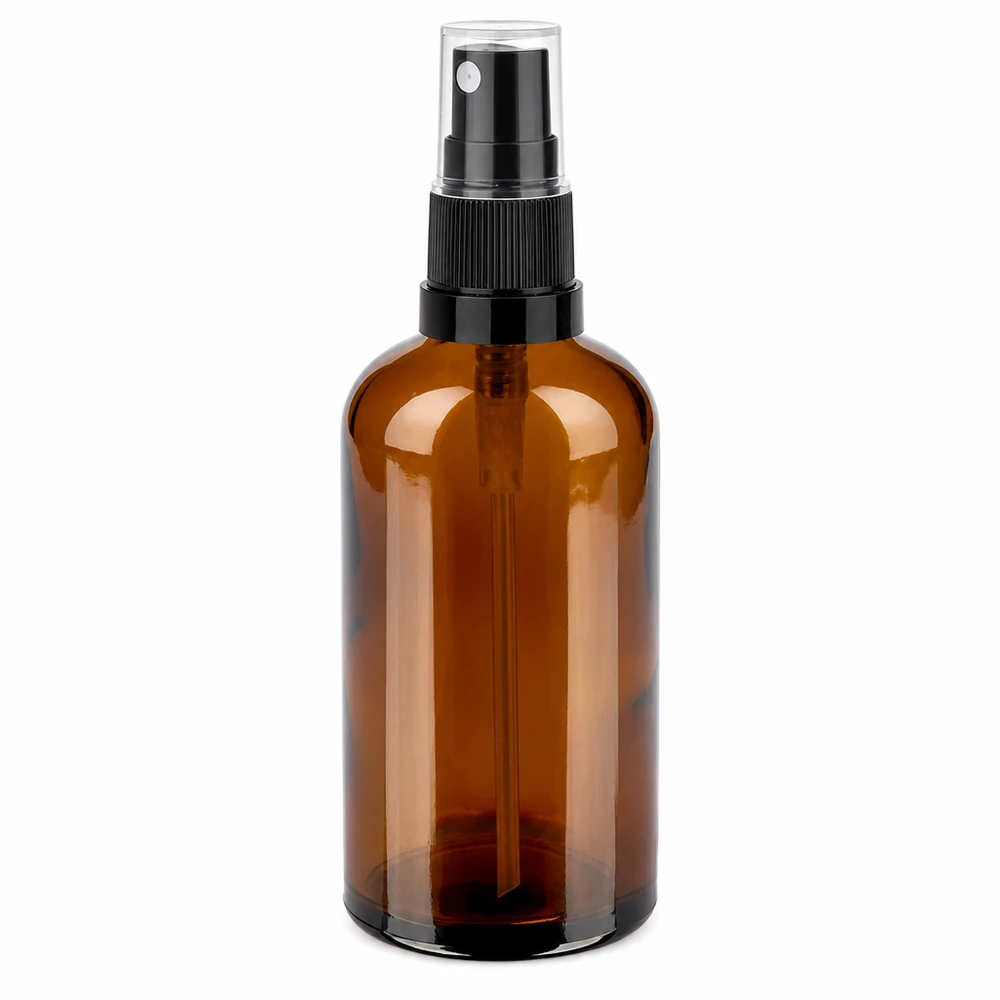 Robuste braune Sprühflasche 100ml aus Glas mit schwarzer Pumpe für professionelle Anwendung