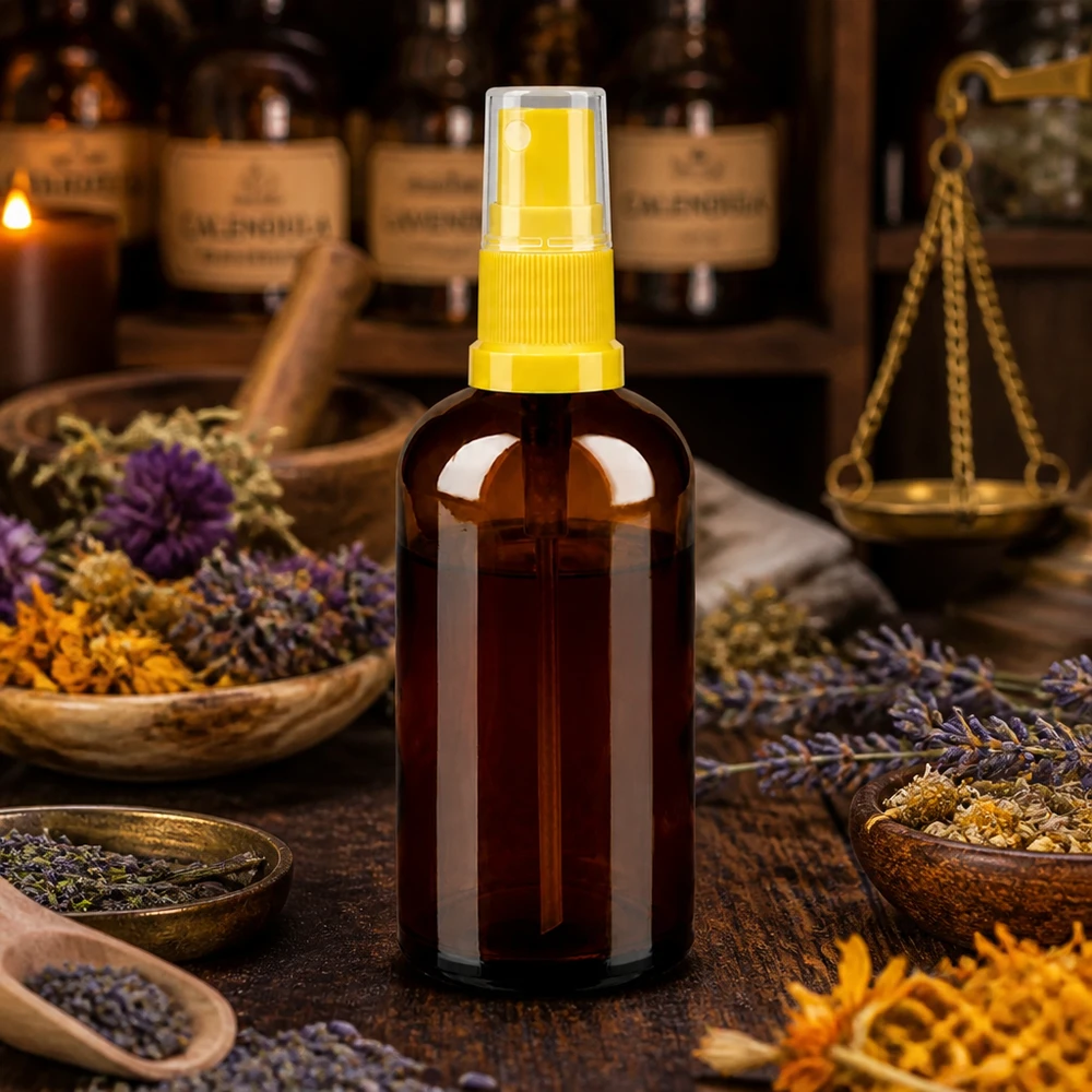 100ml Sprayflasche gelb/transparent Standardverschluss BrownLine UT18/100 Stilvolle 100ml Braunglasflasche mit kontrastierendem gelbem Sprühaufsatz für Apotheken Standard