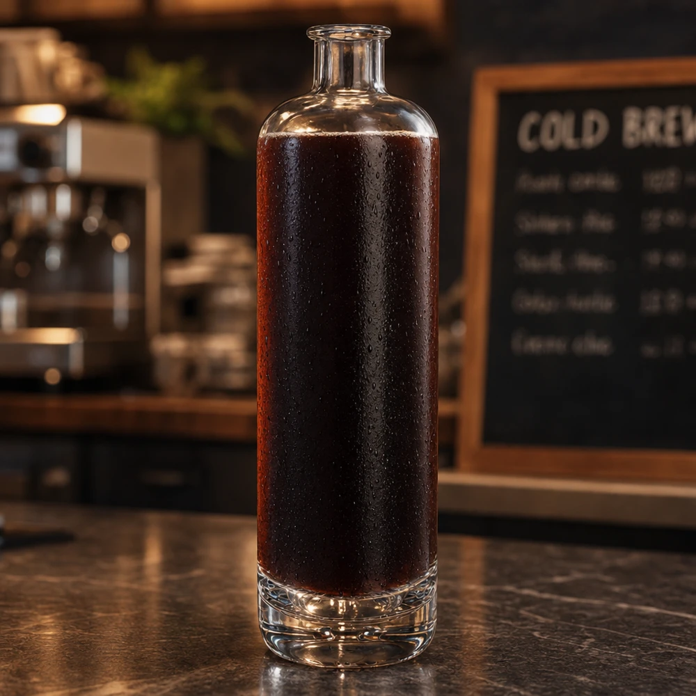 700ml Glasflasche "Eleganz" ohne Verschluss UNiTWIST® 700ml Glasflasche Ella UNiTWIST mit Cold Brew Kaffee gefüllt auf dunkler Café-Theke mit Menütafel im Hintergrund