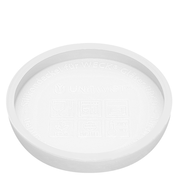 370ml Tulpenglas WECK mit Silikondeckel weiß UNiTWIST Silikondeckel weiß für WECK Gläser RR80 Unterseite mit Herstellerprägung und Produktbezeichnung