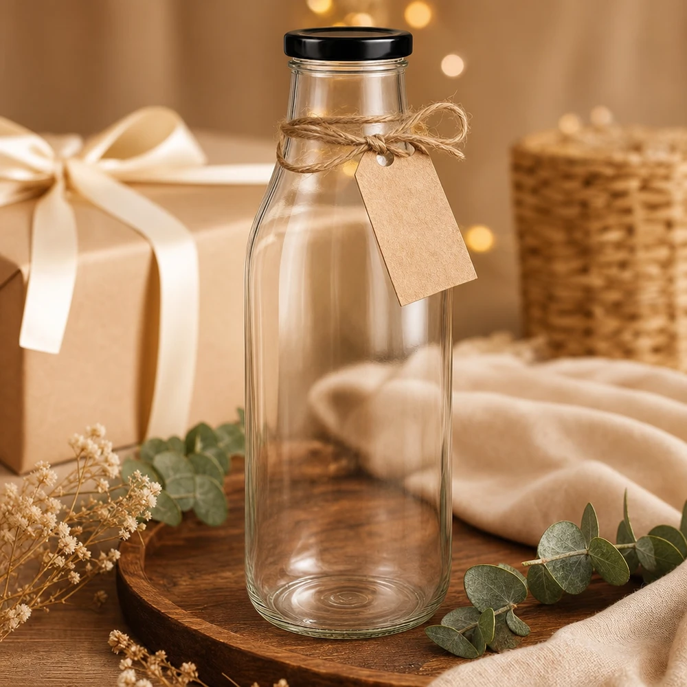 1000ml Glasflasche + BasicSeal Deckel schwarz UNiTWIST 1000ml Glasflasche mit schwarzem Deckel als Geschenk dekoriert mit Bastband und Kraftpapier-Anhänger