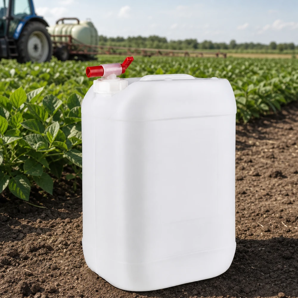 Kanister 25 Liter mit Auslaufhahn Robuster Feldkanister 25L mit Griffmulde und rotem Ablasshahn für Agrarbetriebe