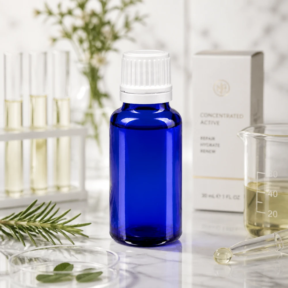 Apothekenflasche blau 20ml Tropfverschluss 1.2mm weiß Originalitätsverschluss Blauglas Flasche 20ml mit kindersicherem OV Verschluss weiß für Naturkosmetik und Seren