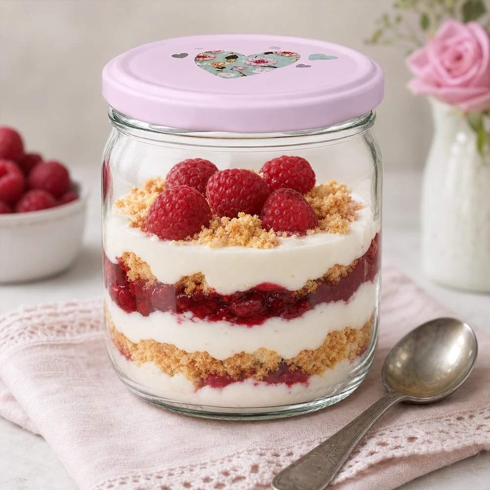 425ml Rundglas + BasicSeal Deckel Herz rosa UNiTWIST Schichtdessert Himbeer-Quark-Trifle in 425ml Rundglas rosa Herz-Deckel Streusel Nachspeise im Glas serviert