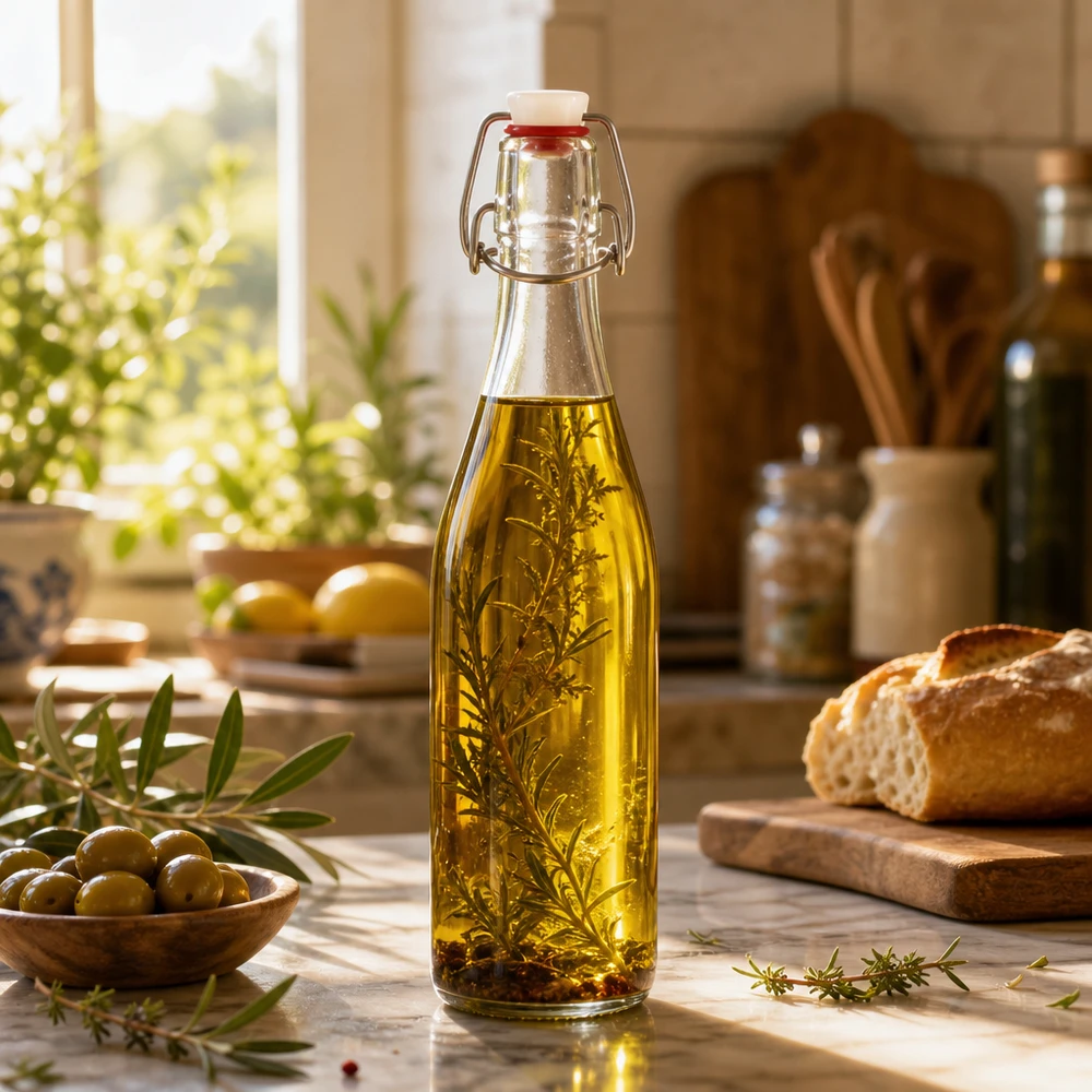 500ml Glasflasche und Bügelverschluss PVC UNiTWIST 500ml Glasflasche Bügelverschluss befüllt mit Kräuteröl Rosmarин mediterrane Küche Aufbewahrung Gewürzöl
