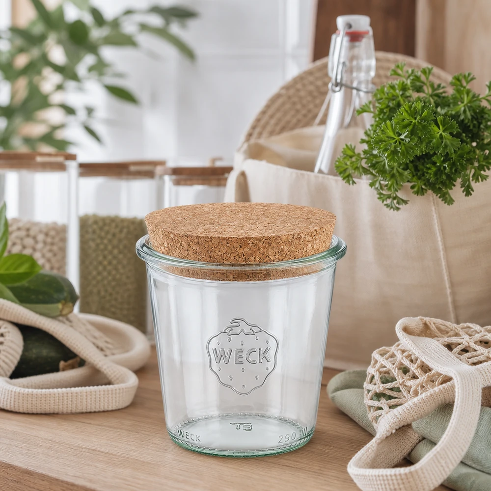 WECK Sturzglas 290ml RR80 mit Naturkorken in nachhaltiger Zero-Waste Küche zwischen Mehrwegflaschen und Stoffbeuteln