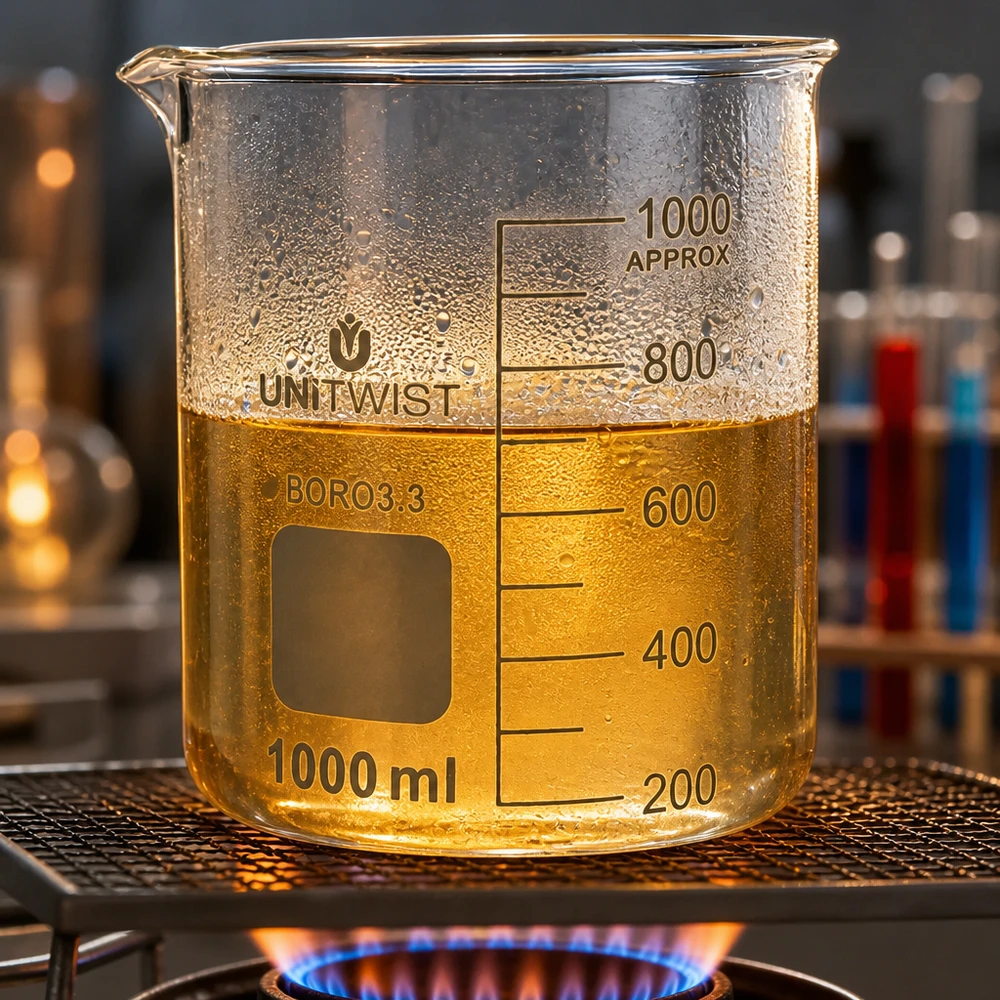 Becherglas 1000ml Borosilikat, niedrige Form UNiTWIST Becherglas 1000ml niedrige Form aus Borosilikat 3.3 auf Gasbrenner im professionellen Labor