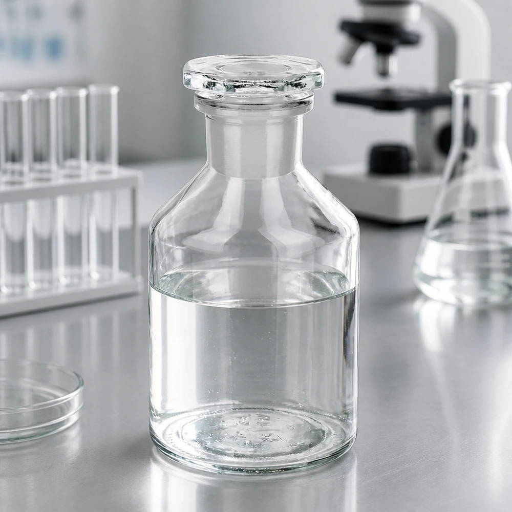 Transparente Glasflasche 50ml mit charakteristischer Steilbrustform und Glasstopfenverschluss
