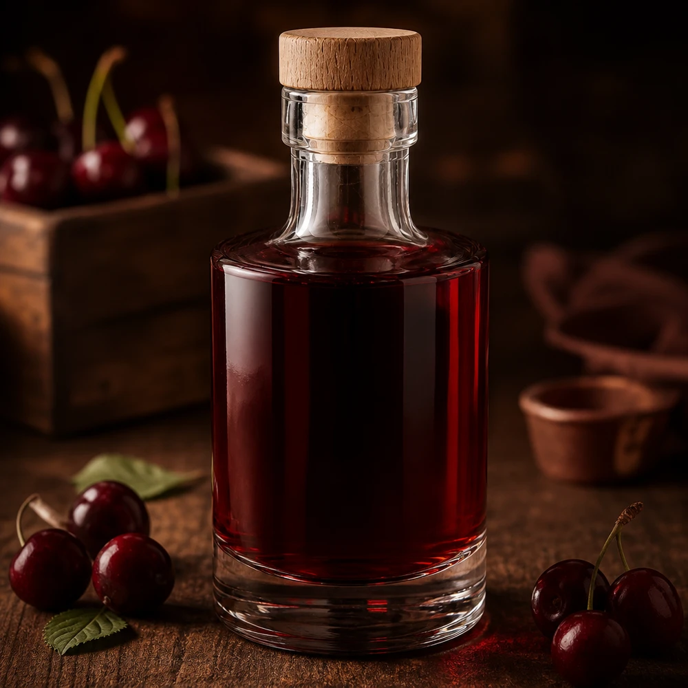 200ml Glasflasche Marie mit dunkelroter Kirschlikör-Füllung, Holzkorken, dekoriert mit frischen Kirschen auf Holzuntergr