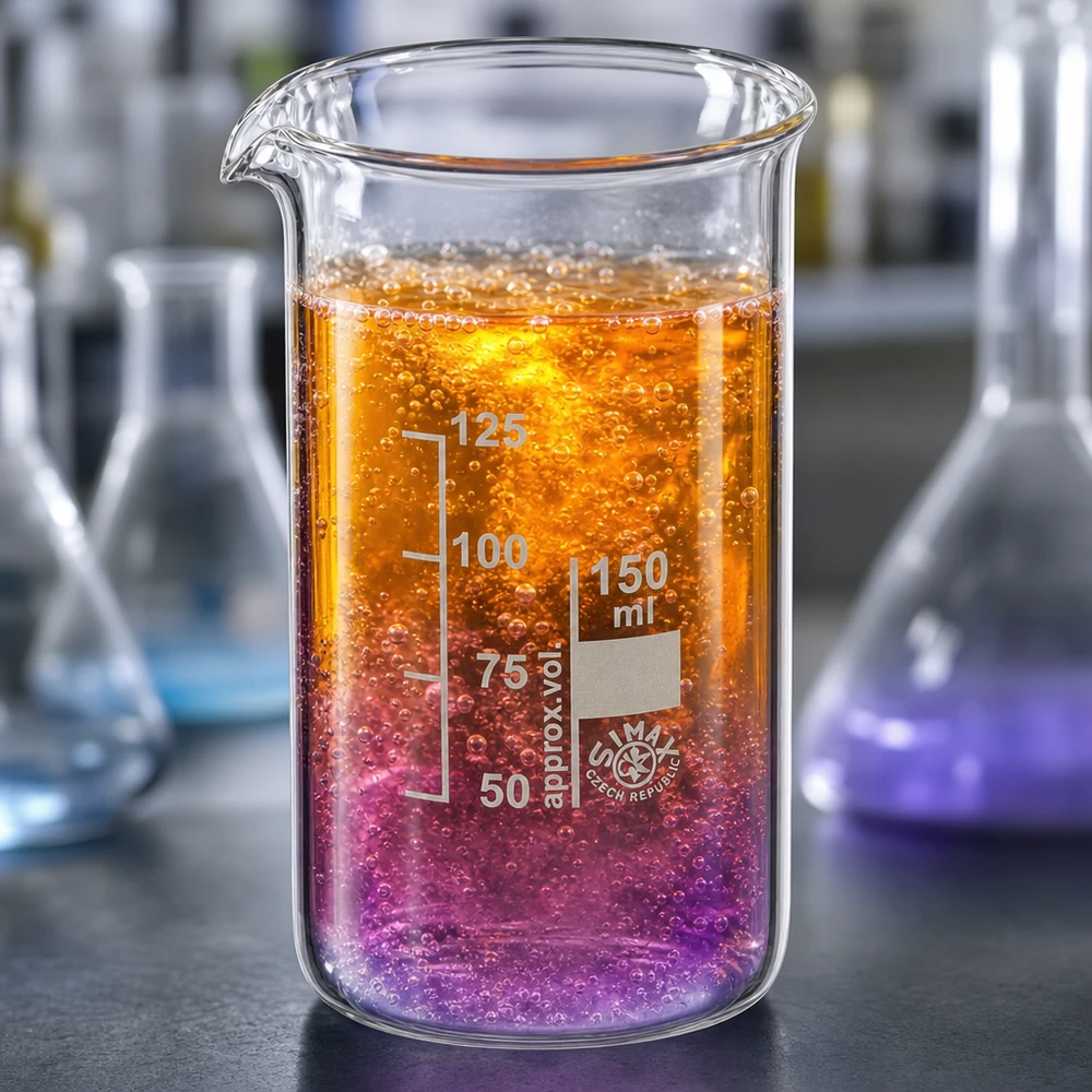 Simax Becherglas 150ml hohe Form mit siedender Flüssigkeit in Orange und Violett