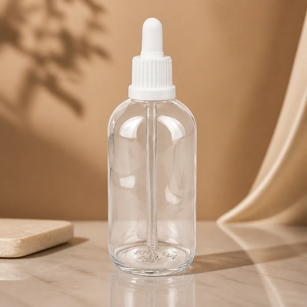 Minimalistische 100ml Klarglasflasche ClearLine mit weißem Kunststoffpipettenkopf