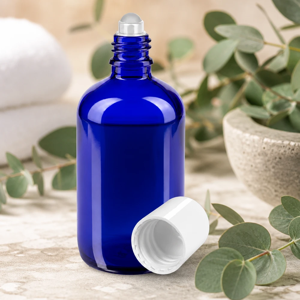 Apothekenflasche blau 100ml Roll-On Verschluss weiß Hochwertige blaue Glasflasche 100ml mit Rollkugel ideal für Kosmetik und Aromatherapie