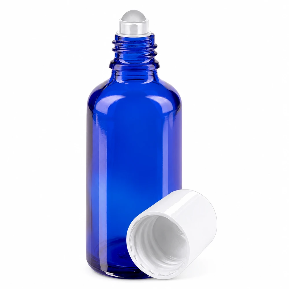 Apothekenflasche blau 50ml Roll-On Verschluss weiß Blaue 50ml Rollerflasche aus hochwertigem Apothekenglas mit abnehmbarem weißem Schraubverschluss
