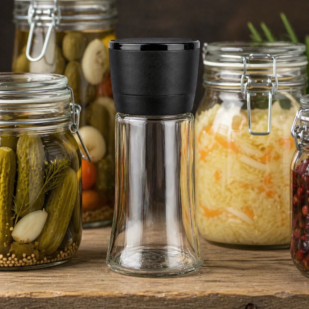 Transparentes Salz- und Pfefferstreuer-Set 95ml mit schwarzer Mühle vor fermentierten Lebensmitteln