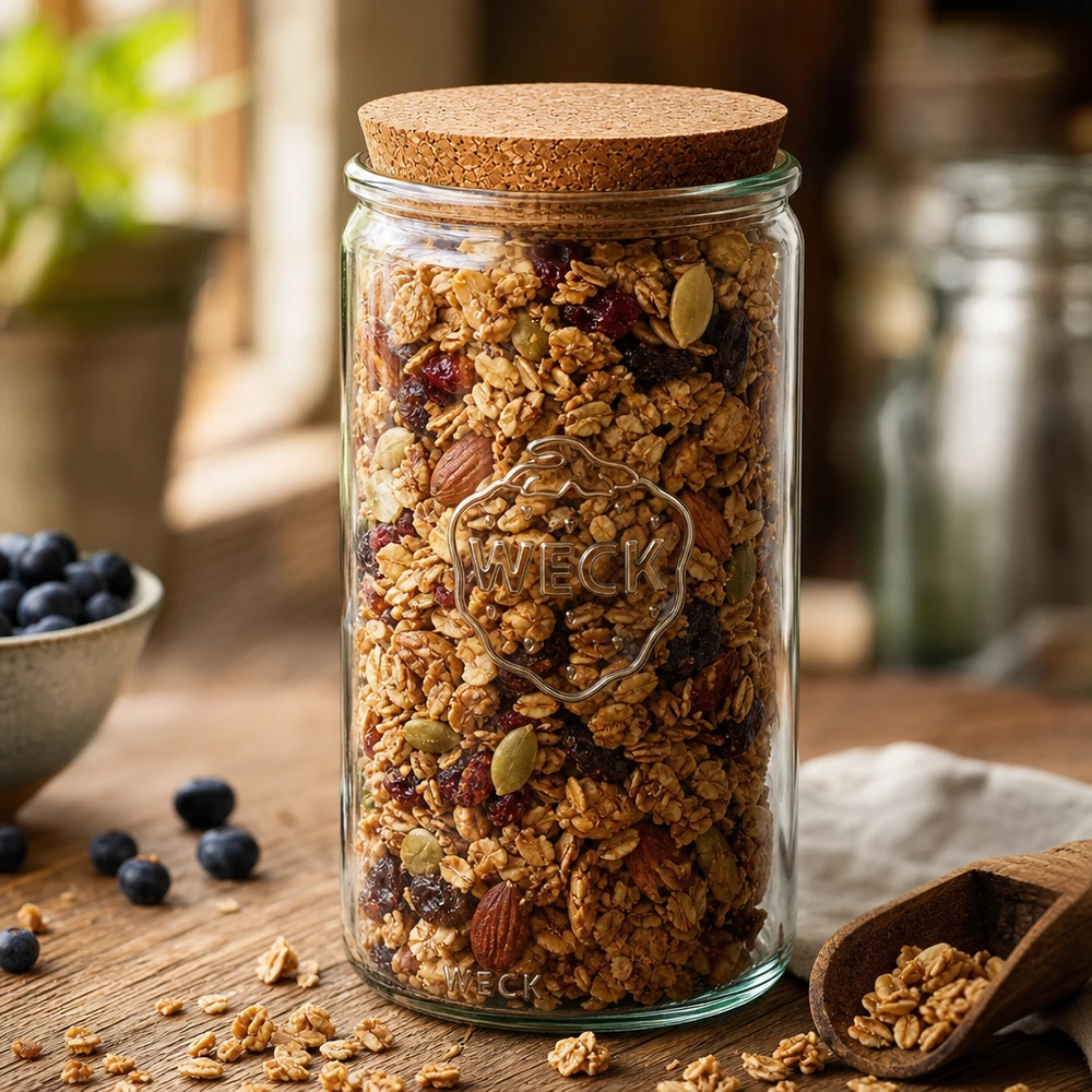 1590ml Zylinderglas WECK RR100 mit Korken natur WECK Vorratsglas 1590ml RR100 befüllt mit Müsli Nüssen und Trockenfrüchten Korkdeckel Küchendeko