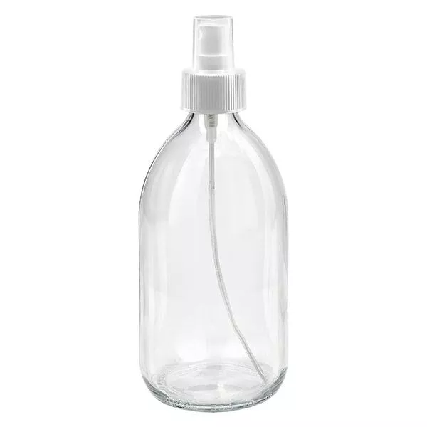 500ml Medizinflasche klar, Pumpzerstäuber weiß ApoGlas 500ml Medizinflasche klar, Pumpzerstäuber weiß ApoGlas