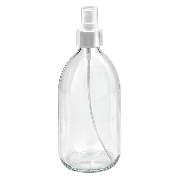 500ml Medizinflasche klar, Pumpzerstäuber weiß ApoGlas 500ml Medizinflasche klar, Pumpzerstäuber weiß ApoGlas
