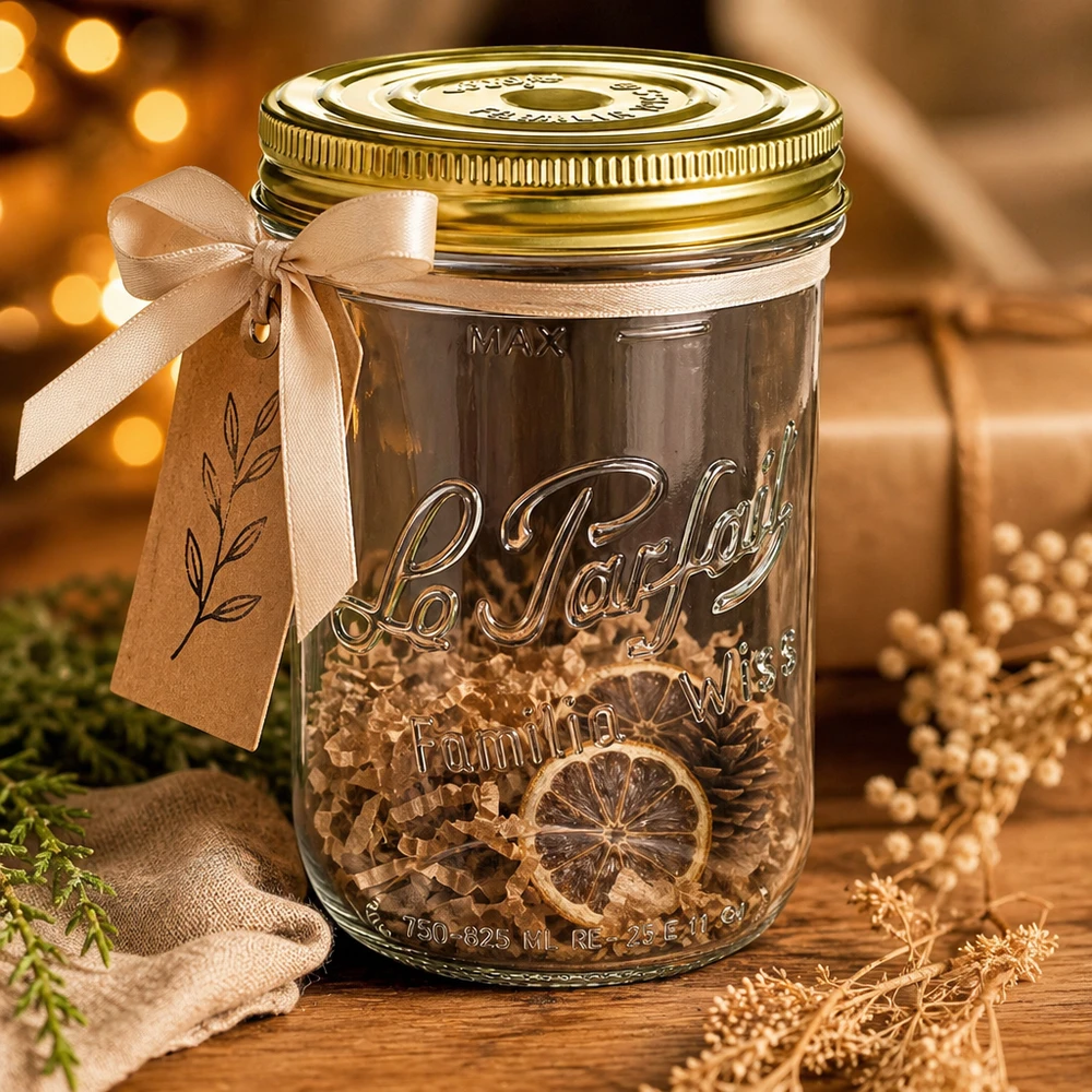 1020ml Sturzglas Familia Wiss mit goldenem Deckel und beiger Schleife gefüllt mit getrockneten Zitrusscheiben auf Holzti
