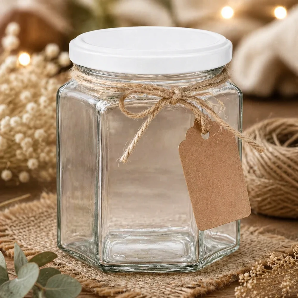 400g Honigglas hexagonal leer mit Kraftpapier-Anhänger und Juteschnur als Geschenkverpackung auf Naturtisch