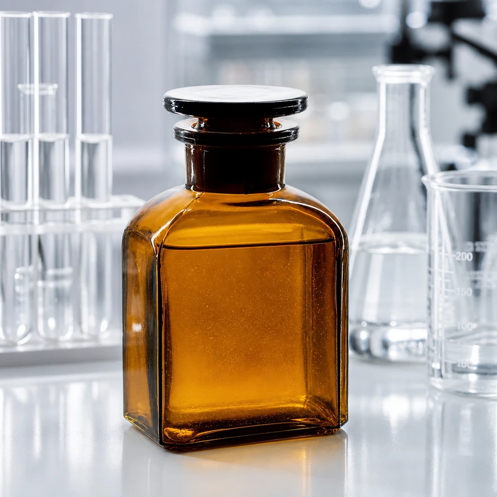 Vierkant-Vorratsflasche 150ml mit breitem Glasstopfen in Braunglas für Laborchemie und Pharmazie