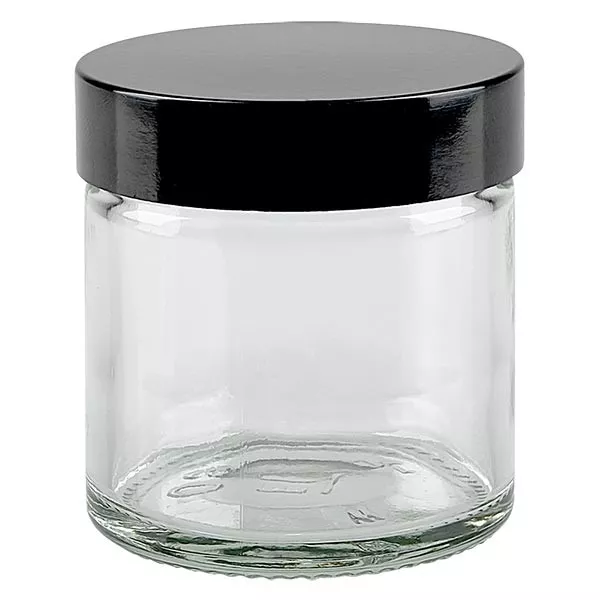 60ml Glastiegel. klar, mit schwarzem Bakelit ApoGlas 60ml Glastiegel. klar, mit schwarzem Bakelit ApoGlas