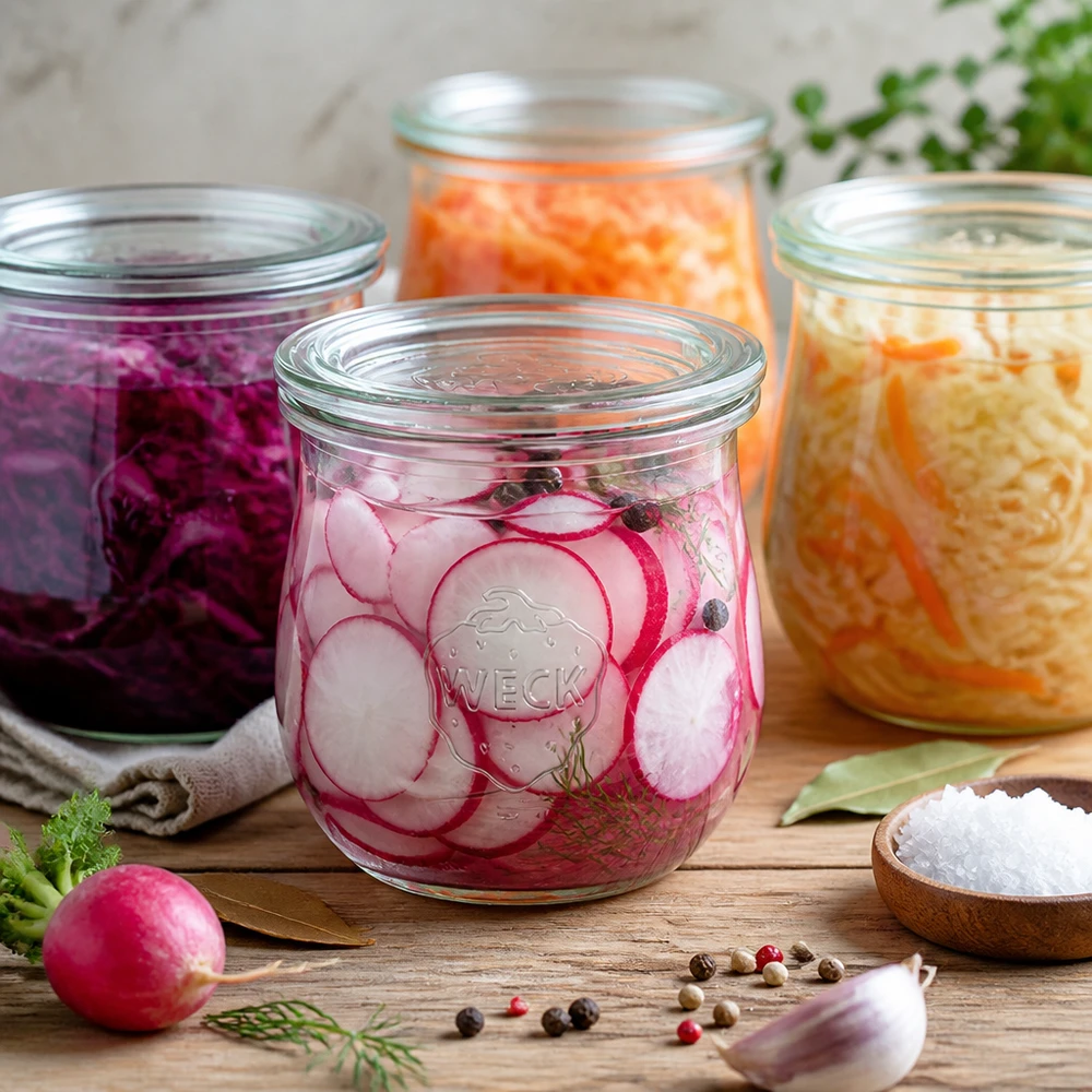 370ml Tulpenglas mit Glasdeckel WECK RR80 WECK Tulpenglas 370ml RR80 mit eingelegten Radieschen und fermentiertem Gemüse auf Holztisch mit Gewürzen