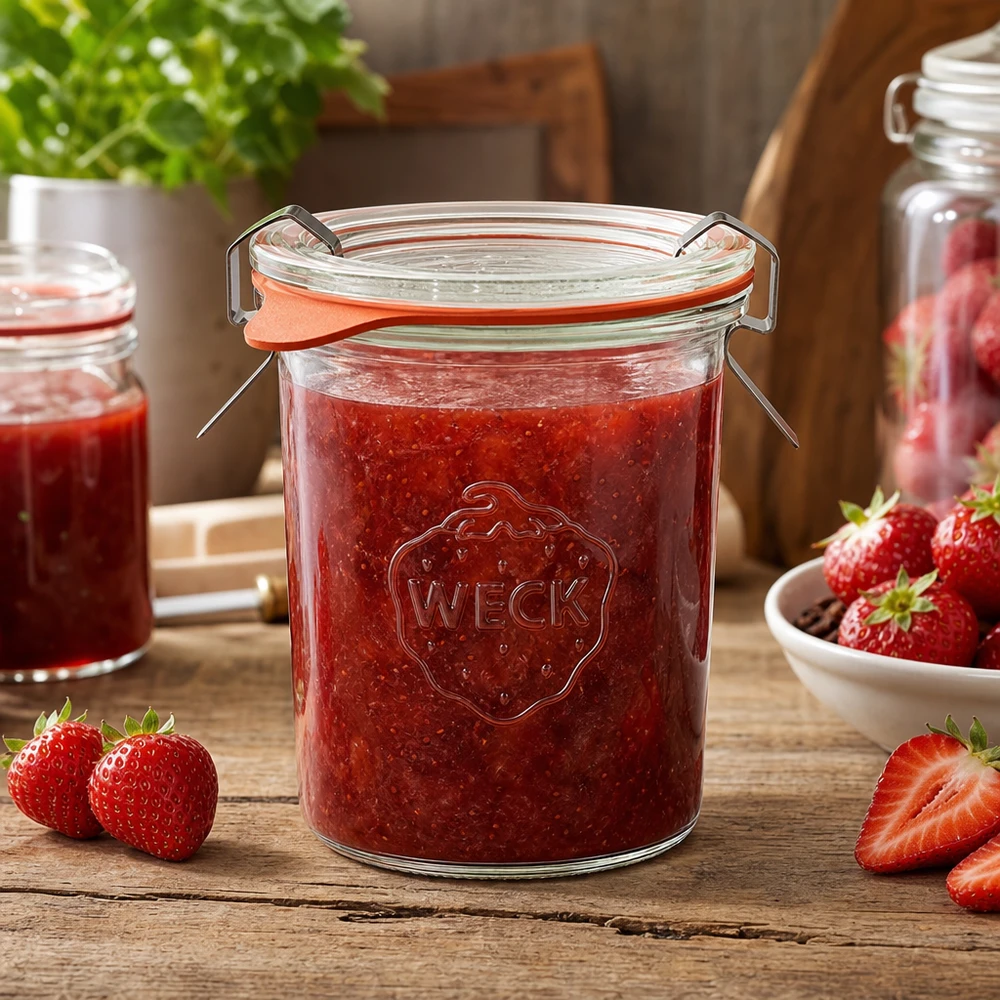 160ml Sturzglas komplett WECK RR60 WECK Einmachglas 160ml befüllt mit Erdbeermarmelade auf Holztisch mit frischen Erdbeeren und Küchenambiente