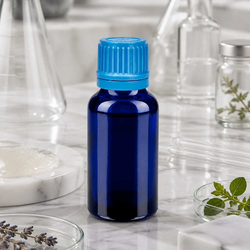 20ml Flasche 11mm Schraubverschluss blau Originalitätsverschluss BlueLine UT18/20 Kompakte BlueLine 20ml Glasflasche mit UT18/20 Gewinde für sichere Aufbewahrung von Essenzen