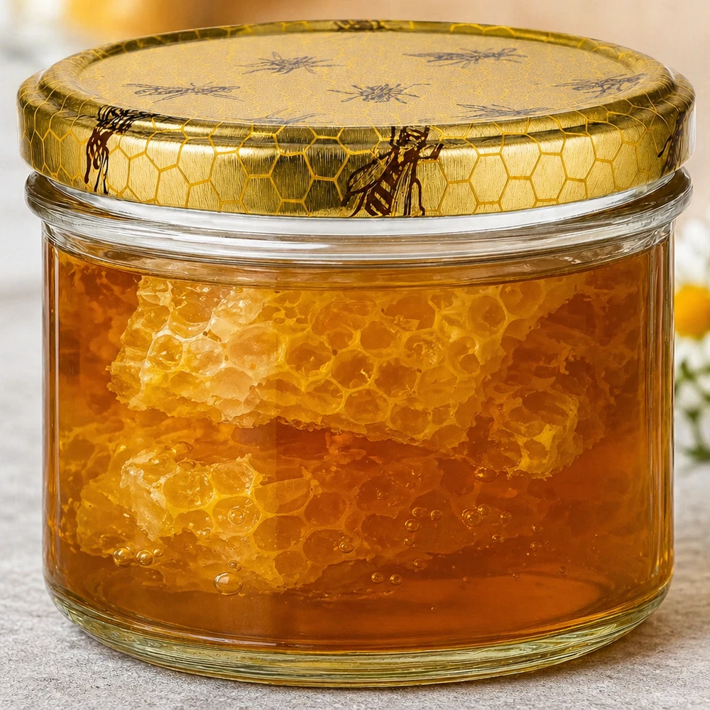 250g Honigglas mit Bienenwabe Deckel BasicSeal UNiTWIST 250g Honigglas gefüllt mit echter Bienenwabe im goldenen Honig zeigt natürliche Qualität und authentische Imkereiprodukt