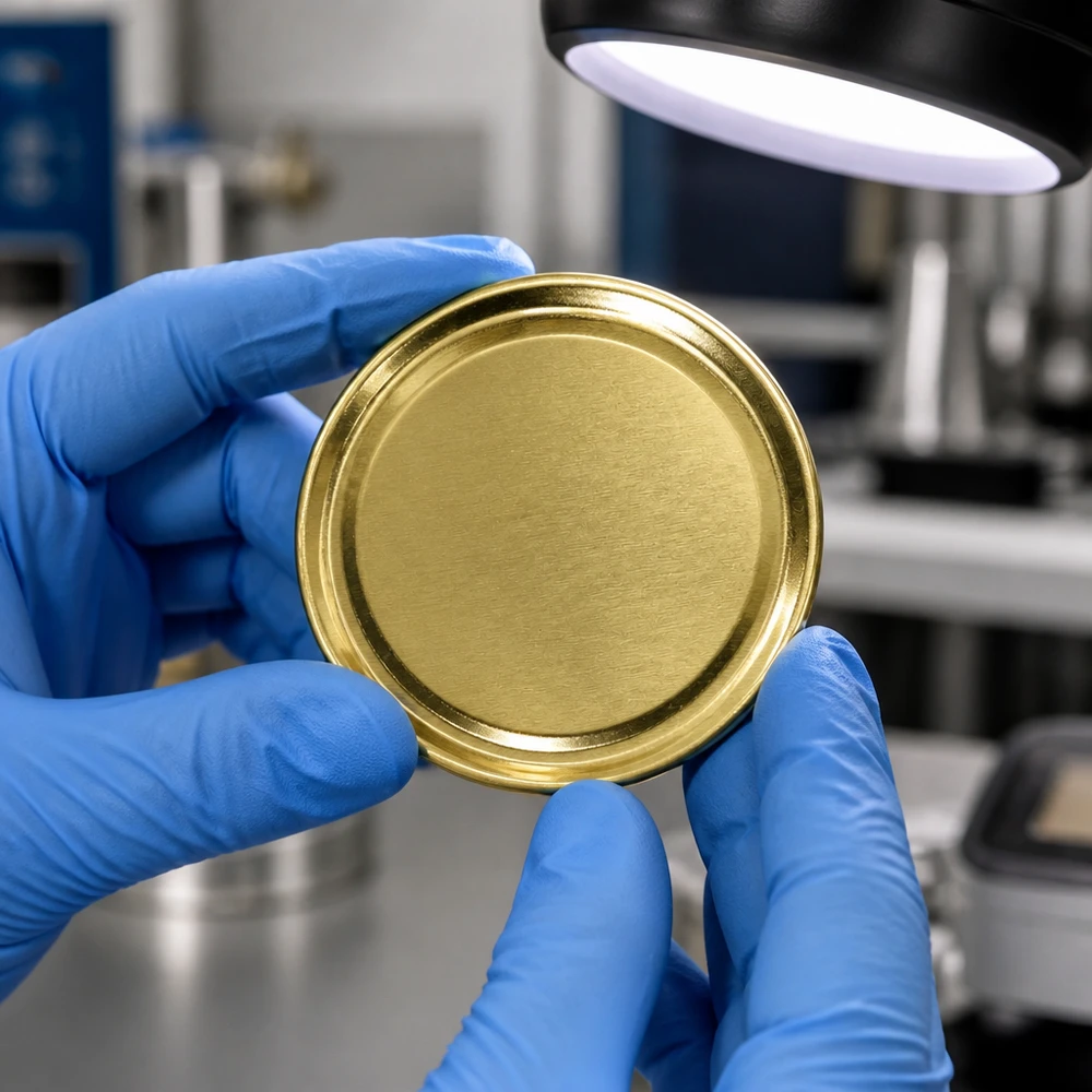 70mm BasicSeal Deckel gold (TO70) UNiTWIST Runder goldener Schraubdeckel 70mm TO70 BasicSeal UNiTWIST mit blauem Latexhandschuh gehalten