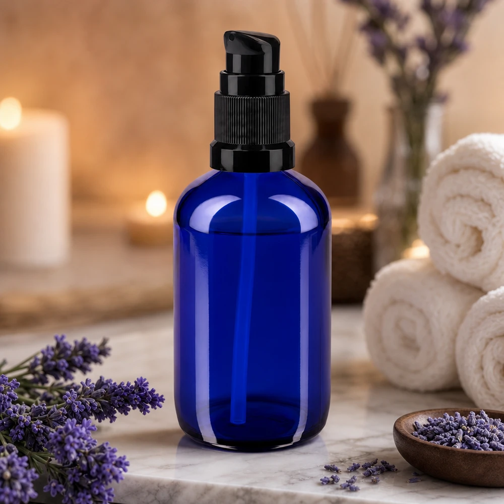 UV-Schutz Glasflasche 100ml in Blau mit Pumpverschluss ideal für ätherische Öle