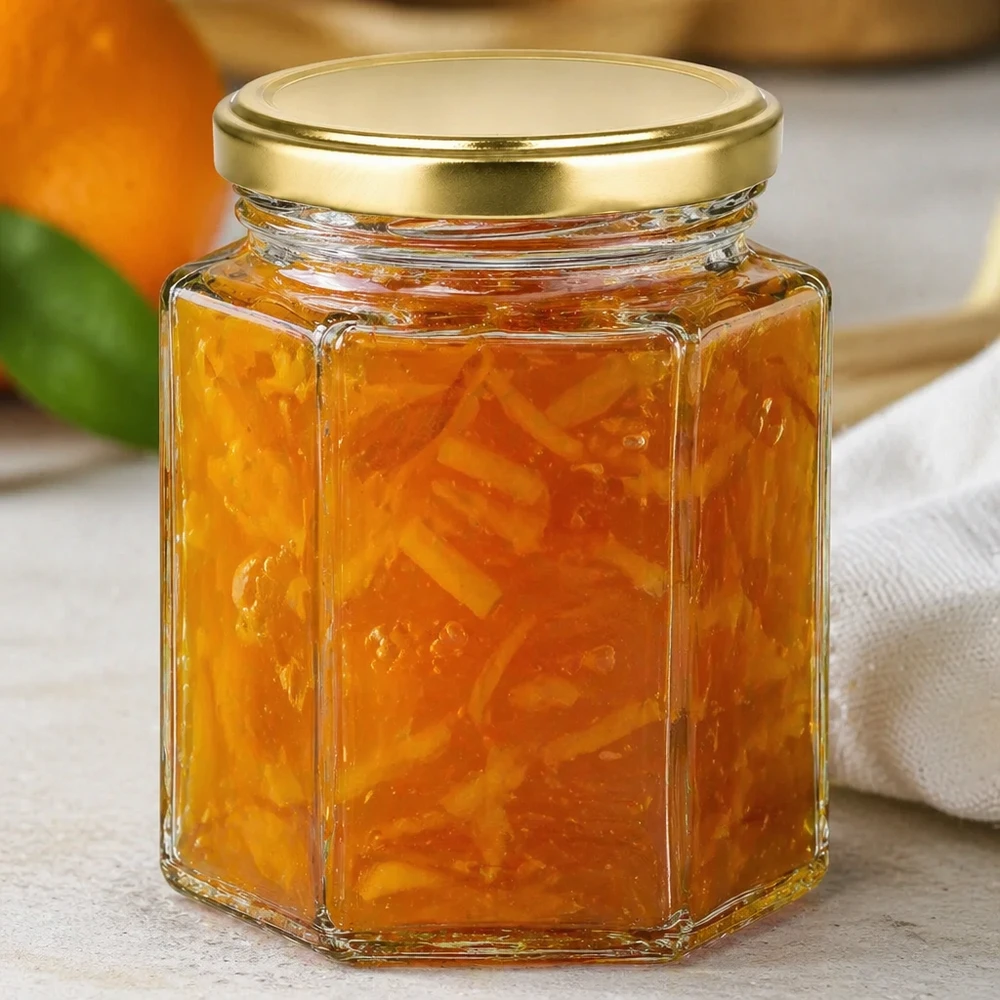 250g Honigglas mit goldenem Deckel BasicSeal UNiTWIST 250g Honigglas BasicSeal mit Orangenmarmelade gefüllt goldener Deckel auf weißer Oberfläche Konfitüren-Aufbewahrung