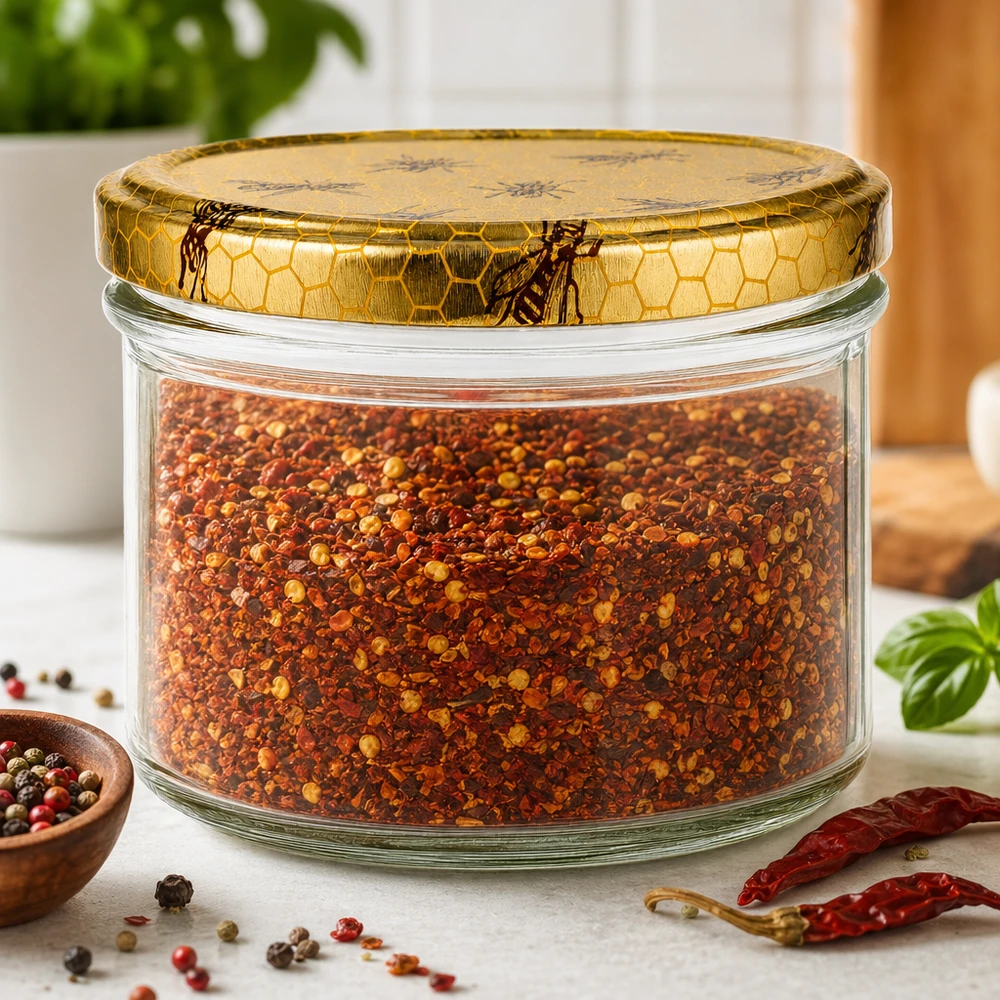 250g Honigglas mit Bienenwabe Deckel BasicSeal UNiTWIST 250g Honigglas mit Bienenwaben-Deckel gefüllt mit Gewürzen neben Pfefferkörnern und getrockneten Chilis