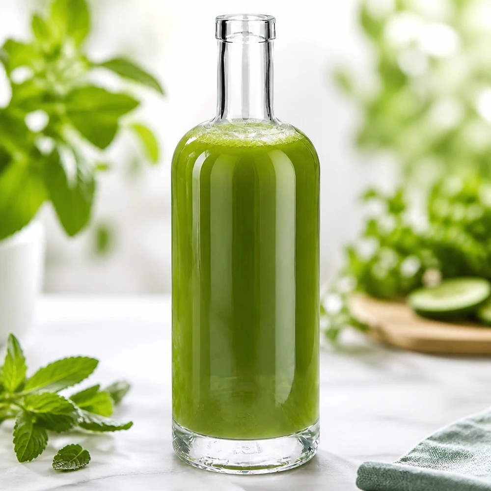 750ml Glasflasche "Attila" ohne Verschluss UNiTWIST® Glasflasche Emma 750ml mit grünem Inhalt gefüllt in natürlicher Umgebung mit Minze und Pflanzen dekoriert