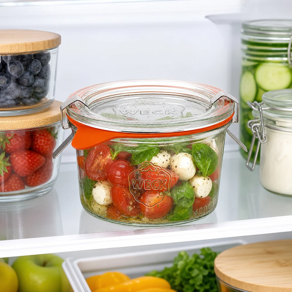 200ml Sturzglas komplett WECK RR80 WECK Sturzglas 200ml RR80 im Kühlschrank mit Caprese-Salat gefüllt neben anderen Vorratsgläsern mit Beeren