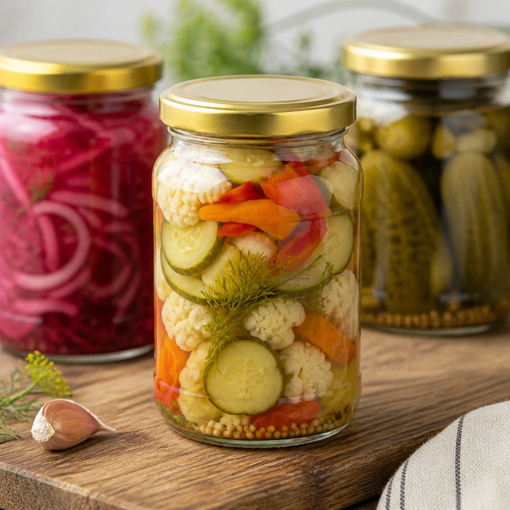 305ml Rundglas mit BasicSeal Deckel gold UNiTWIST 305ml Rundglas UNiTWIST mit eingelegtem Gemüse - Einweckglas mit goldenem Deckel für Pickles und Konserven