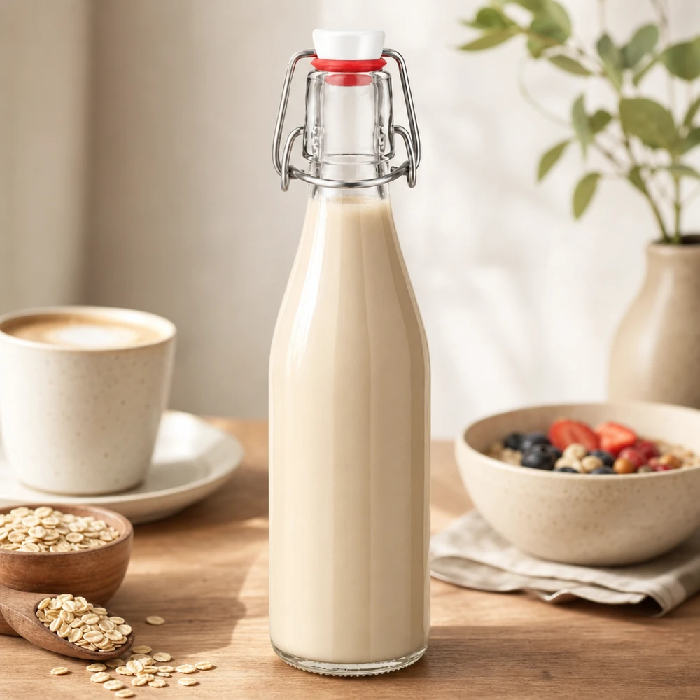 250ml Glasflasche und Bügelverschluss PVC UNiTWIST 250ml Glasflasche mit Bügelverschluss gefüllt mit cremiger Hafermilch, perfekt für gesunde Ernährung und Frühstück