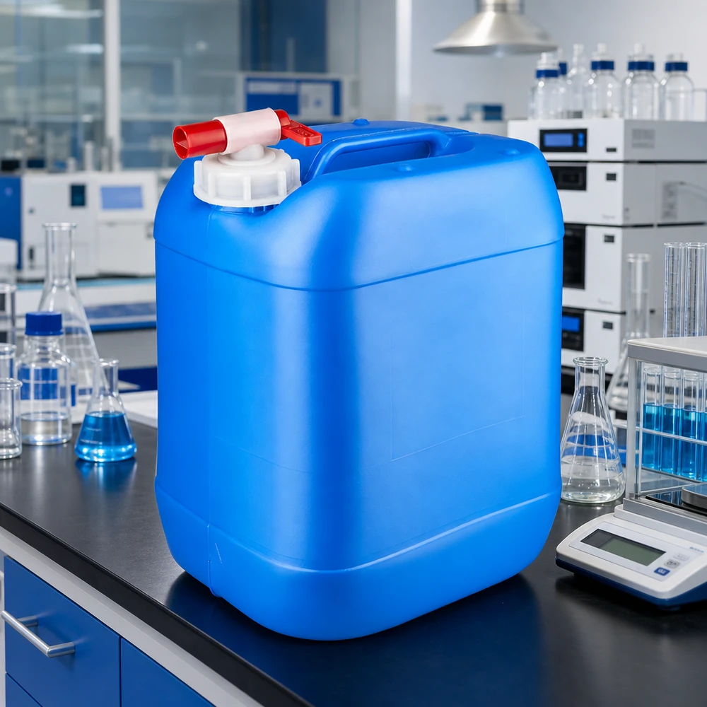 Stapelbarer Kanister 20 Liter Blau mit Auslaufhahn für sichere Chemikalienlagerung