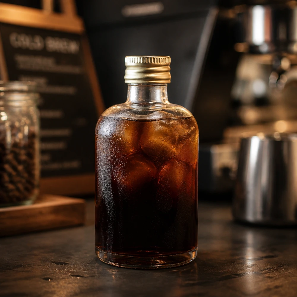 40ml Glasflasche "Sara" mit Schraubverschluss gold UNiTWIST 40ml Glasflasche Sara mit Cold Brew Kaffee gefüllt - goldener UNiTWIST Verschluss in stylischer Barista-Küche