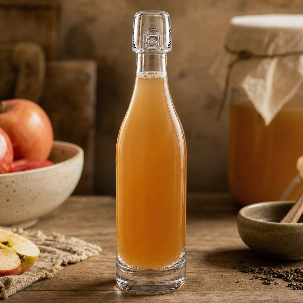 50ml Glasflasche UNiTWIST mit Apfellikör gefüllt zwischen Apfelscheiben und Gewürzen auf natürlichem Holz
