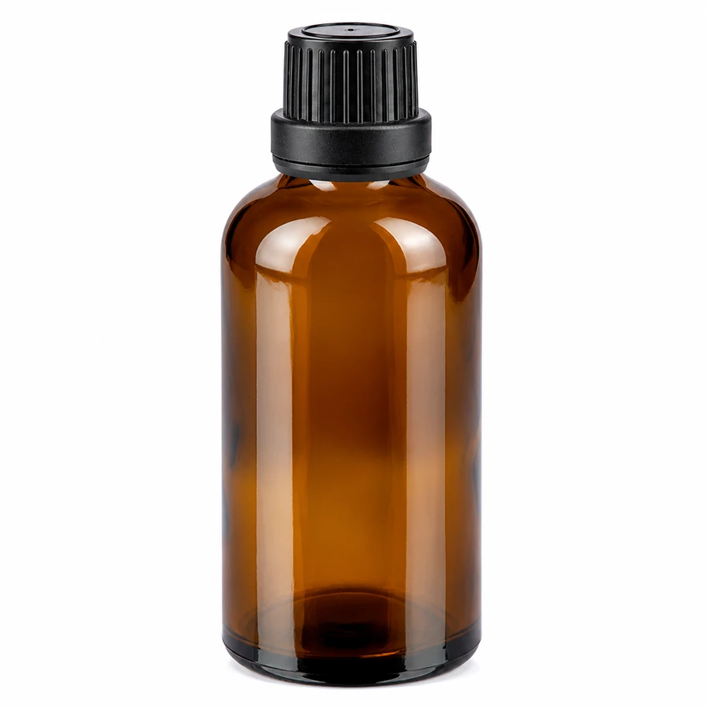 Runde 50ml Apothekerfl. aus braunem Glas mit schwarzem Sicherheitsverschluss SV OV
