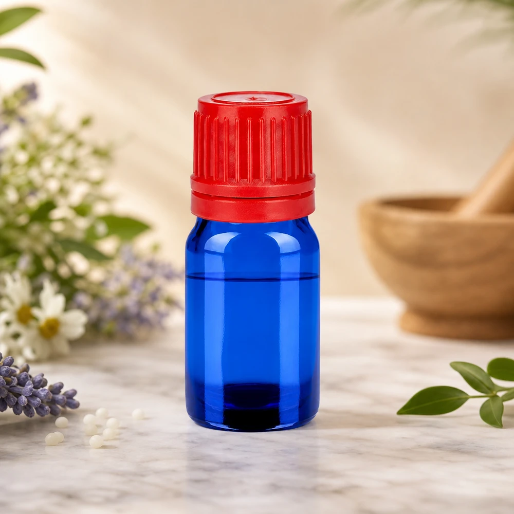 5ml Flasche 11mm Schraubverschluss rot Originalitätsverschluss BlueLine UT18/5 5ml Glasflasche mit matter Oberfläche in blau und ergonomischem rotem Verschluss BlueLine UT18/5